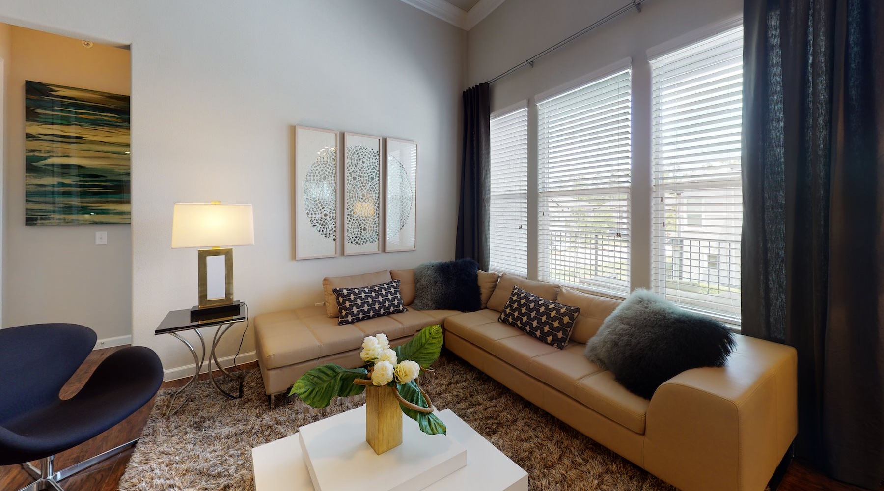 a couch a coffee table and windows