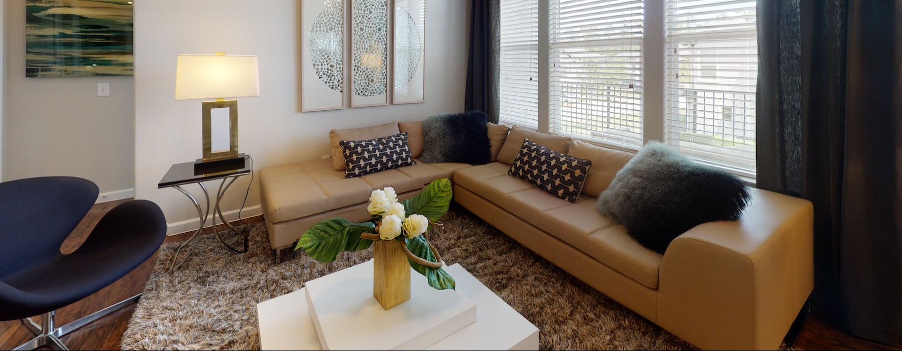 a couch a coffee table and windows
